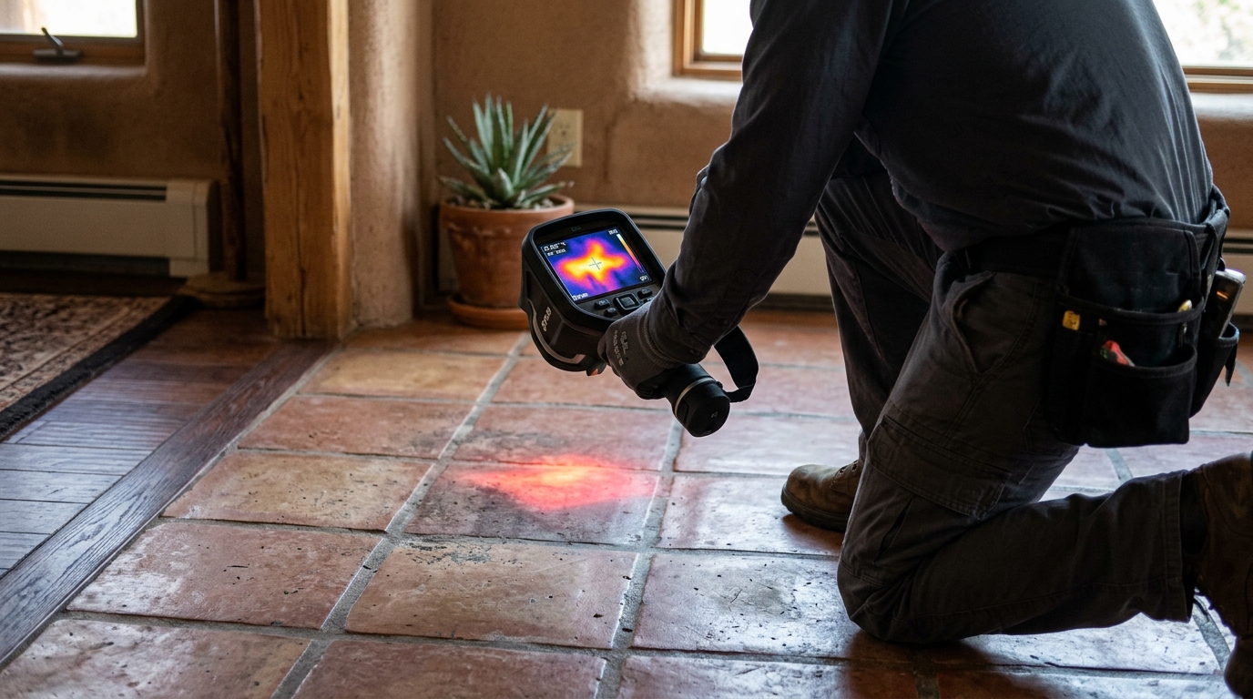 Thermal imaging technician finding hot water slab leak in Carson CA