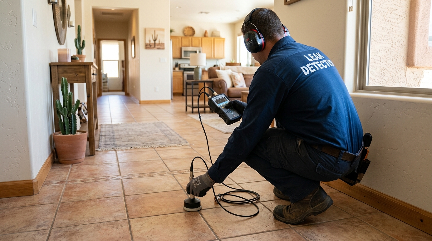 Under slab leak repair technician testing foundation pipes in Carson CA